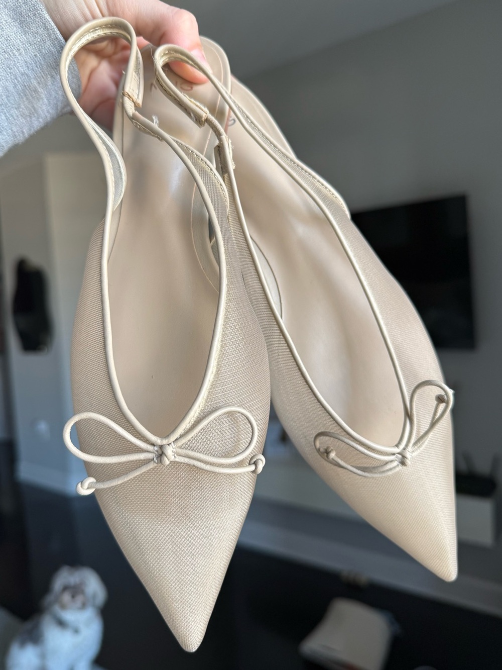 Women's Beige Pointed Slingback Flats with Bow Mango